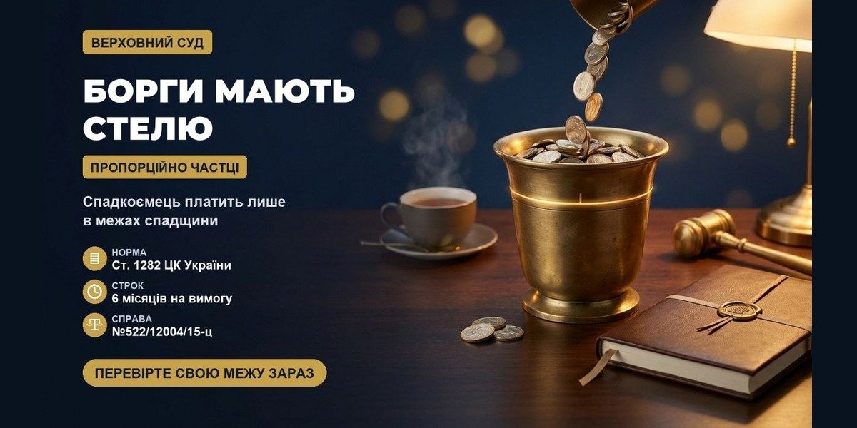 Золота ступка, що переповнюється монетами, поряд гавель, книга та текст "Борги мають стелю". Ілюструє обмеження відповідальності за борги померлого.