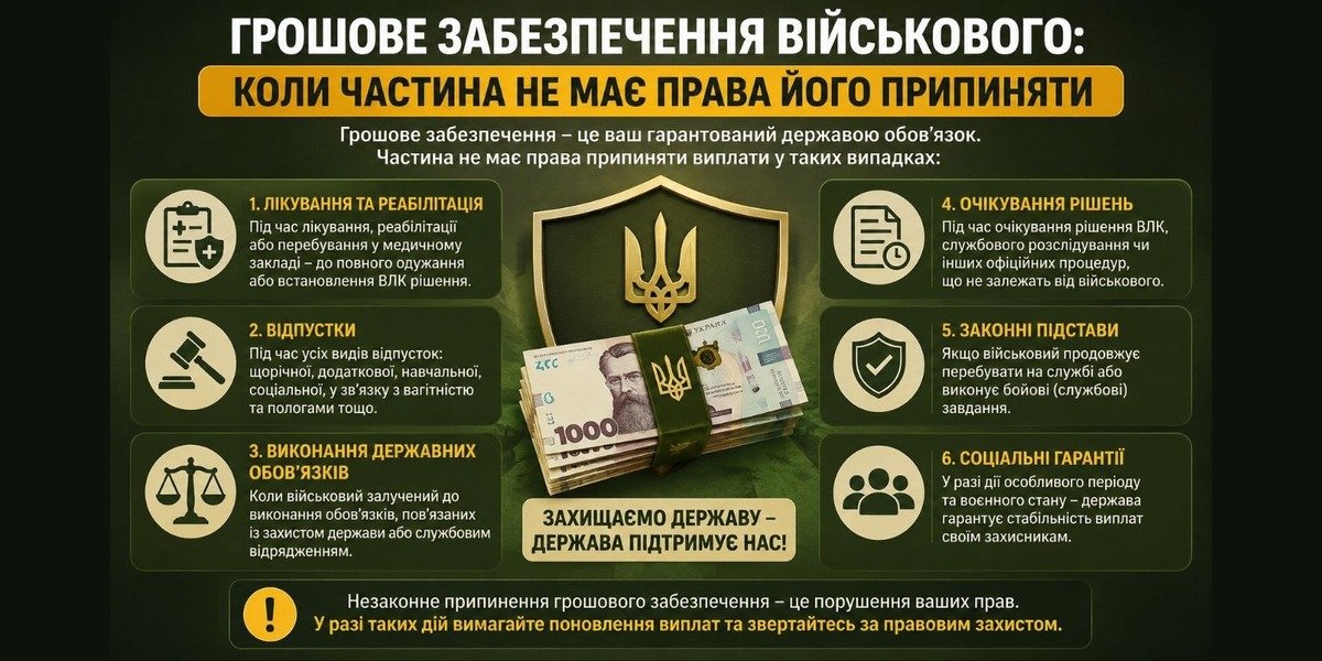 Грошове забезпечення військового: інфографіка з гривнями та тризубом, що показує 6 випадків, коли виплати не припиняються, як-от після полону.