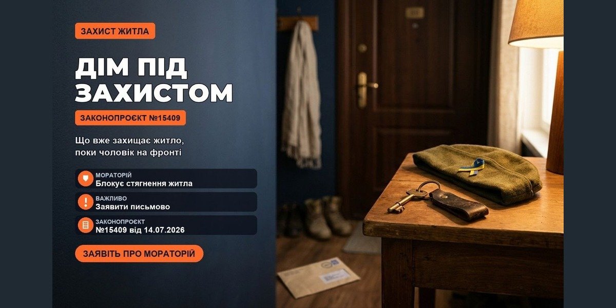 Зображення військової пілотки з українською стрічкою, ключів та конверта на столі, поруч з графікою "ЗАХИСТ ЖИТЛА" та "МОРАТОРІЙ на виселення" для сімей військових.