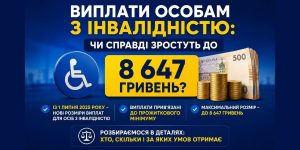 Виплати особам з інвалідністю: графічне зображення з текстом про можливе зростання до 8647 гривень, іконкою інвалідності та українськими грошима.