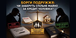 Зображення ілюструє дилему: чоловік, жінка, терези з кредитним договором та спільним майном (будинок, авто). Акцент на захисті спільного майна за кредит чоловіка згідно Сімейного кодексу України.