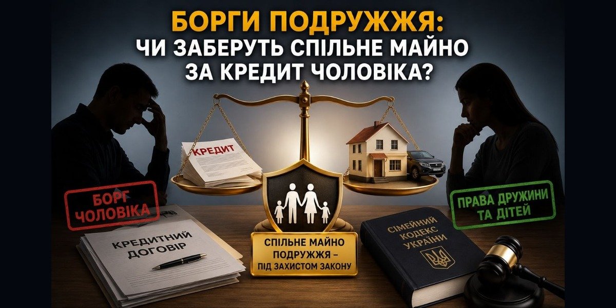 Зображення ілюструє дилему: чоловік, жінка, терези з кредитним договором та спільним майном (будинок, авто). Акцент на захисті спільного майна за кредит чоловіка згідно Сімейного кодексу України.