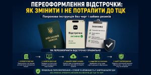 Інфографіка з покроковою інструкцією для Переоформлення відстрочки онлайн через Дію, що показує військовий квиток та статус 'Відстрочка активна', допомагаючи змінити підставу без візиту до ТЦК.