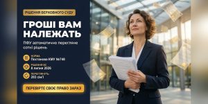 Жінка в діловому костюмі тримає документи, навколо неї падають гроші та папери, на тлі текст про виплати критичній інфраструктурі та автоматичний перегляд відмов ПФУ.