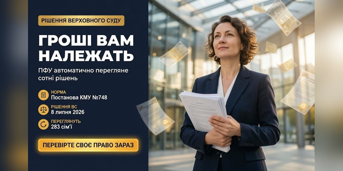 Жінка в діловому костюмі тримає документи, навколо неї падають гроші та папери, на тлі текст про виплати критичній інфраструктурі та автоматичний перегляд відмов ПФУ.