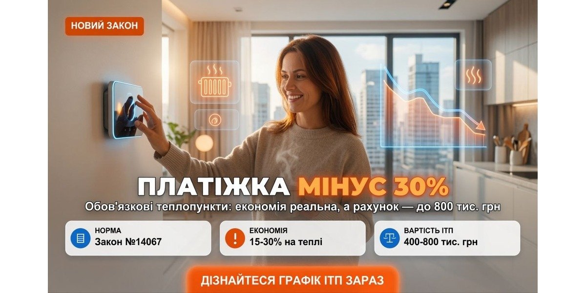 Щаслива жінка керує розумним термостатом, на тлі інфографіка про закон №14067, економію на платіжці та вартість, що стосується Індивідуальні теплопункти.