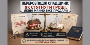 Перерозподіл спадщини: як стягнути гроші, якщо майно вже продали" ілюструє ваги з проданим будинком та грошима, договір купівлі-продажу, свідоцтво про спадщину та Цивільний кодекс.