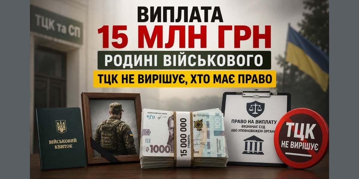 Зображення візуалізує виплату 15 млн грн родині військового, показуючи гроші, військовий квиток, фото воїна та напис "ТЦК не вирішує, хто має право".