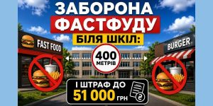 Заборона фастфуду біля шкіл: ілюстрація закону про 400-метрову зону та штраф до 51 000 грн за продаж фастфуду біля закладів освіти.