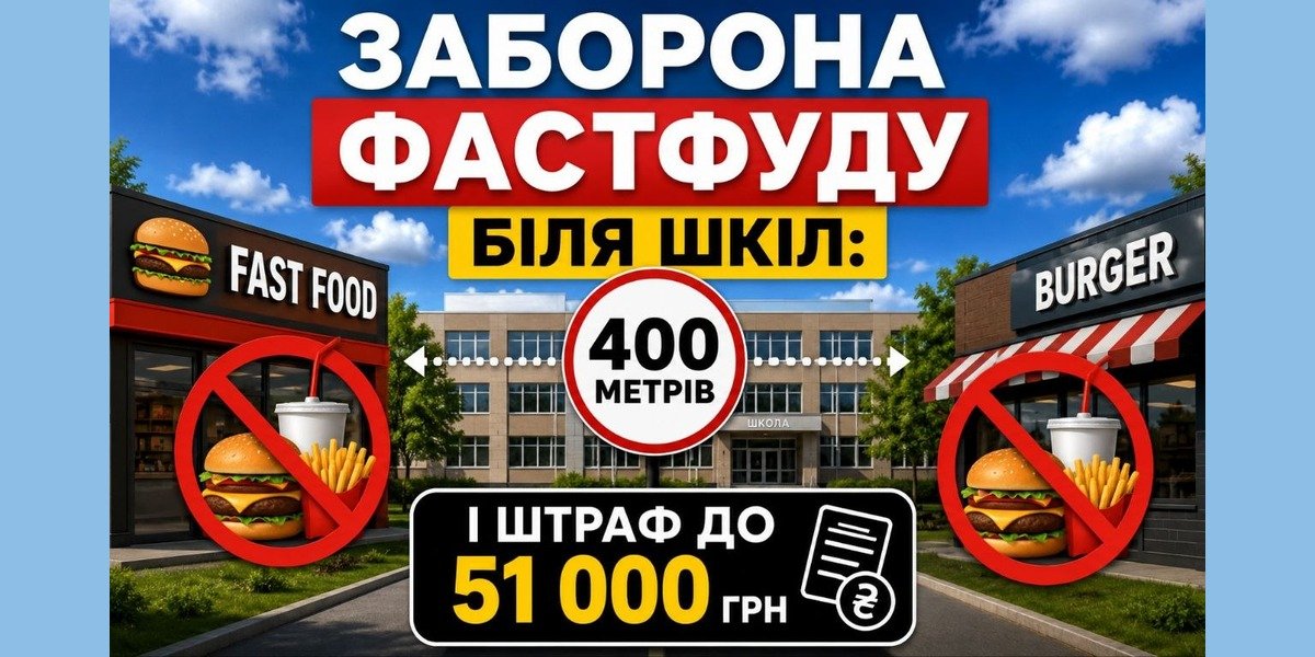 Заборона фастфуду біля шкіл: ілюстрація закону про 400-метрову зону та штраф до 51 000 грн за продаж фастфуду біля закладів освіти.