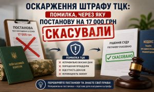 Оскарження штрафу ТЦК: зображено постанову про штраф 17000 грн з перекресленням, військовий квиток, причини помилки ТЦК та рішення суду про скасування постанови.