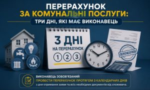 Ілюстрація перерахунку за комунальні послуги: календар з "3 дні", годинник, квитанція, калькулятор, будинок та іконки водопостачання, світла, опалення, газу.