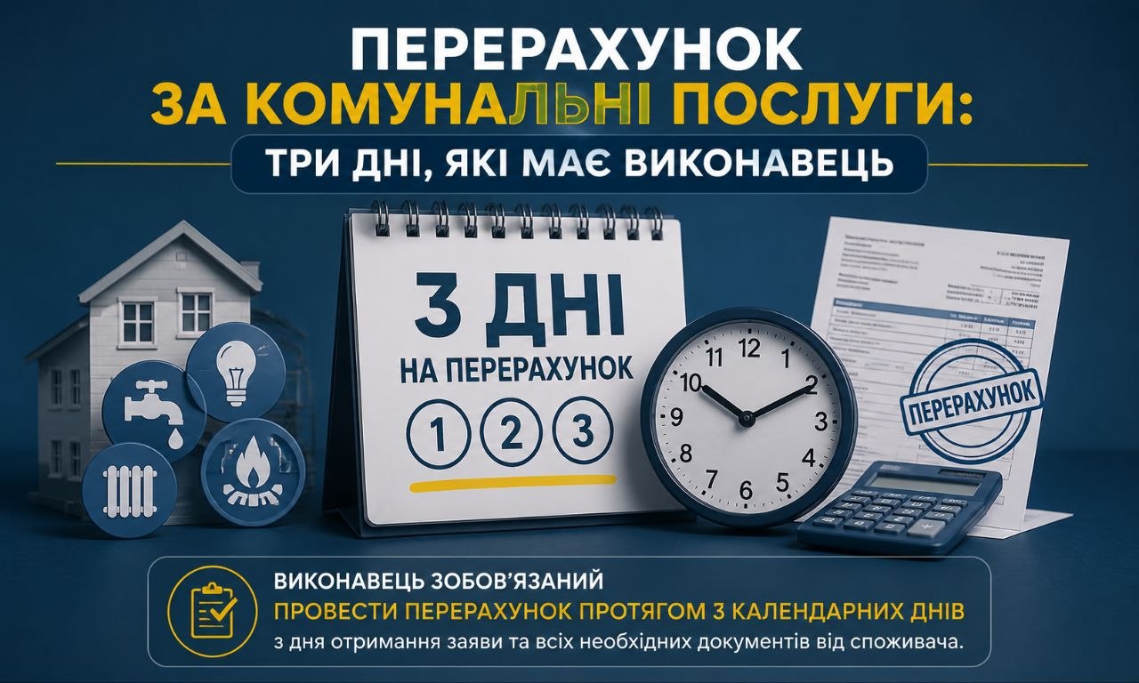 Ілюстрація перерахунку за комунальні послуги: календар з "3 дні", годинник, квитанція, калькулятор, будинок та іконки водопостачання, світла, опалення, газу.