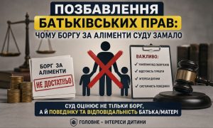 Позбавлення батьківських прав: терези, молоток судді, монети, перекреслений батько з дітьми та критерії суду, що вказують на недостатність лише боргу за аліменти для позбавлення прав.