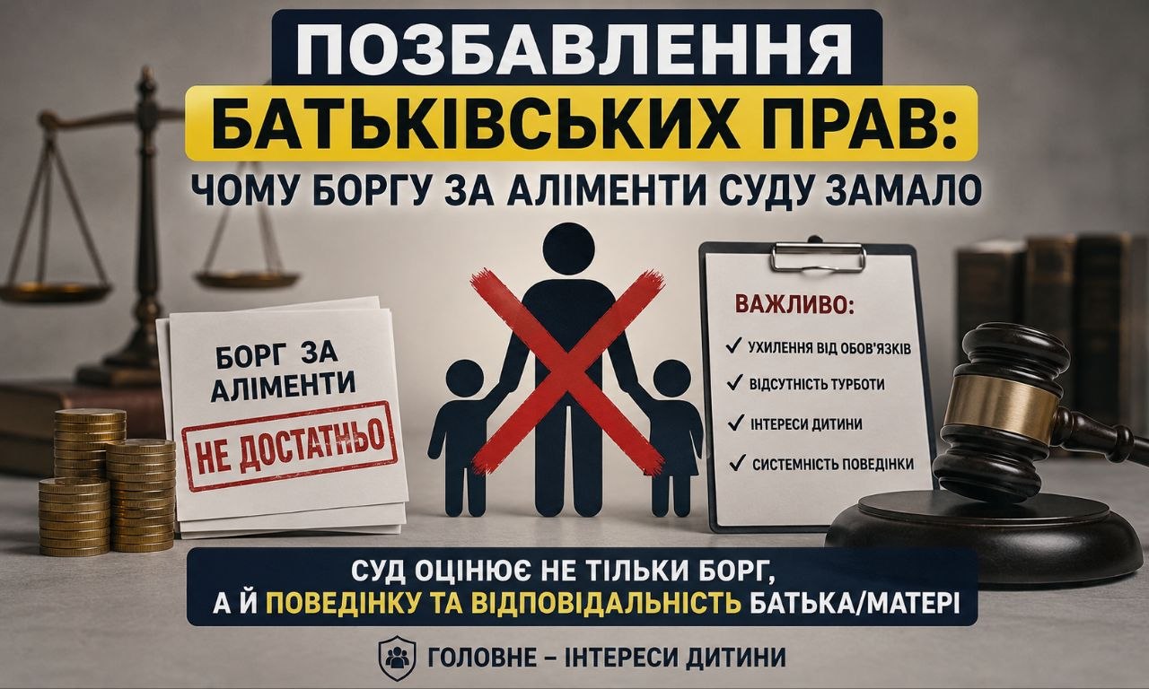 Позбавлення батьківських прав: терези, молоток судді, монети, перекреслений батько з дітьми та критерії суду, що вказують на недостатність лише боргу за аліменти для позбавлення прав.