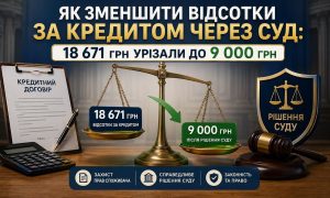 Як зменшити відсотки за кредитом через суд: банер із сумою 18 671 грн урізаною до 9 000 грн, ваги правосуддя, кредитний договір.