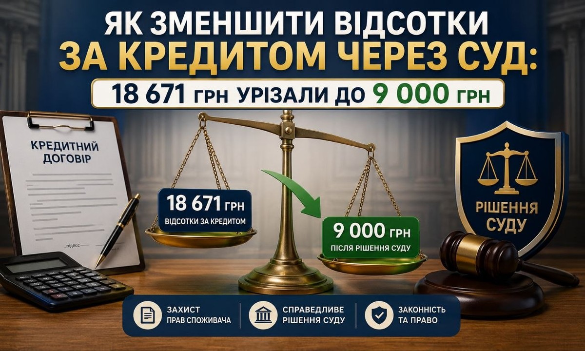 Як зменшити відсотки за кредитом через суд: банер із сумою 18 671 грн урізаною до 9 000 грн, ваги правосуддя, кредитний договір.