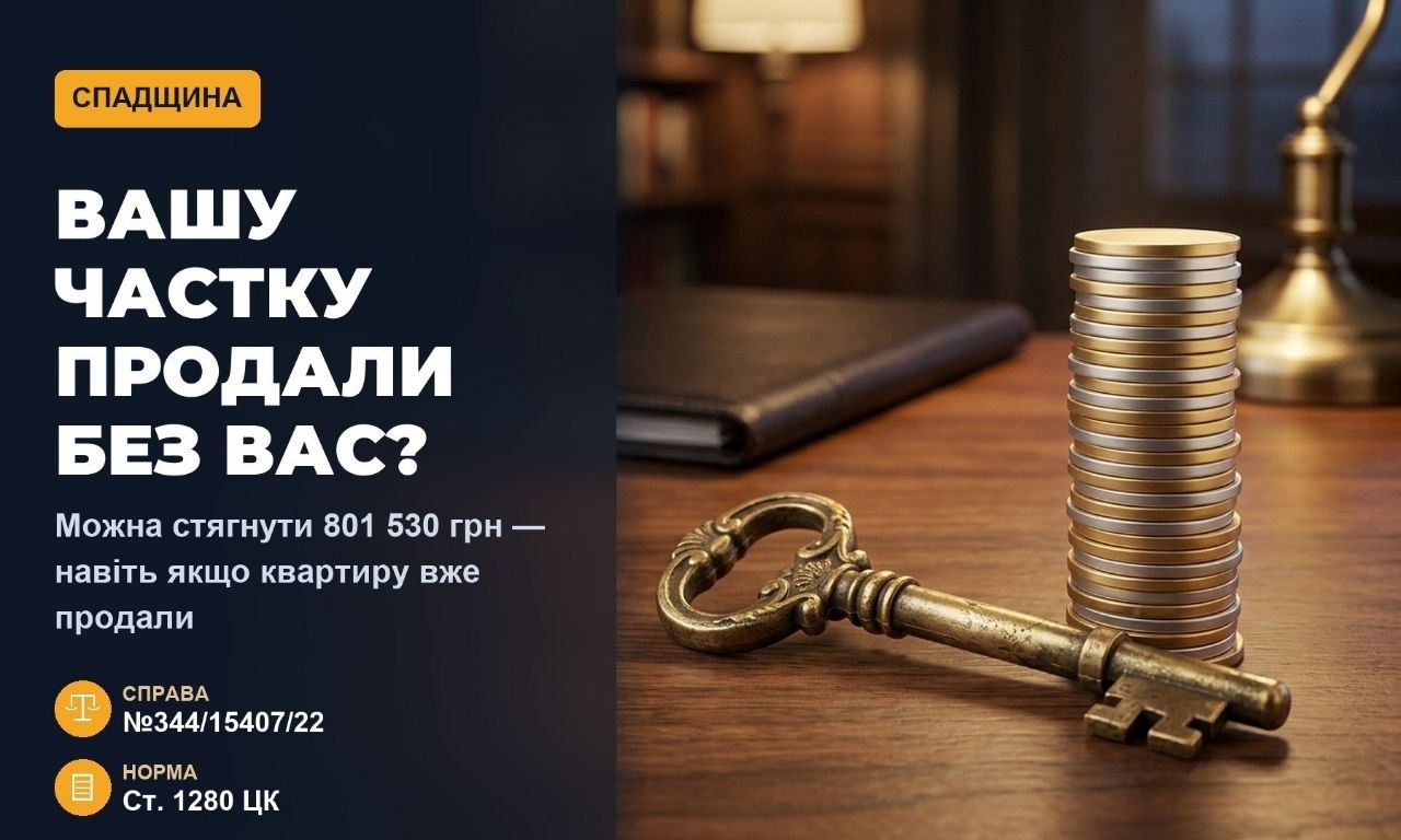 Вінтажний ключ та стопка монет на столі, поруч текст про стягнення 801 530 грн, що ілюструє компенсацію за спадщину.