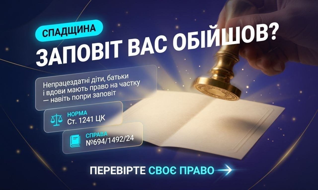 Рука з нотаріальною печаткою засвідчує документ, на якому виділено текст про обов'язкову частку у спадщині, яка захищає непрацездатних родичів попри заповіт.