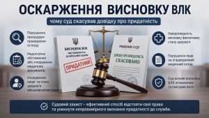 Оскарження висновку ВЛК: зображення суду з молотком та документами, що показують скасування довідки про придатність через порушення.