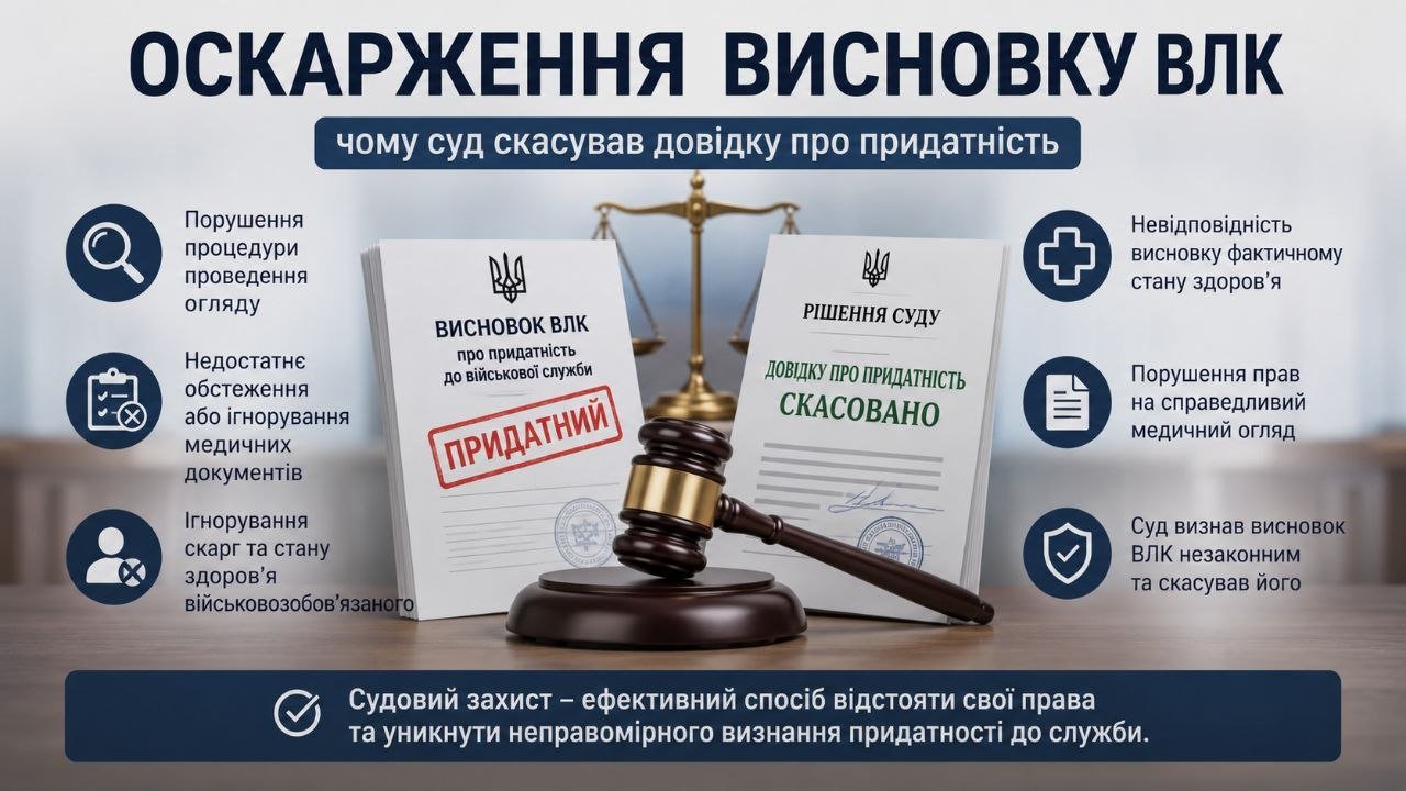 Оскарження висновку ВЛК: зображення суду з молотком та документами, що показують скасування довідки про придатність через порушення.