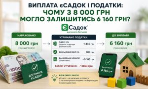 Інфографіка, що деталізує, як виплата єСадок у 8000 грн зменшується до 6160 грн після утримання податків (ПДФО, військовий збір) та банківської комісії.