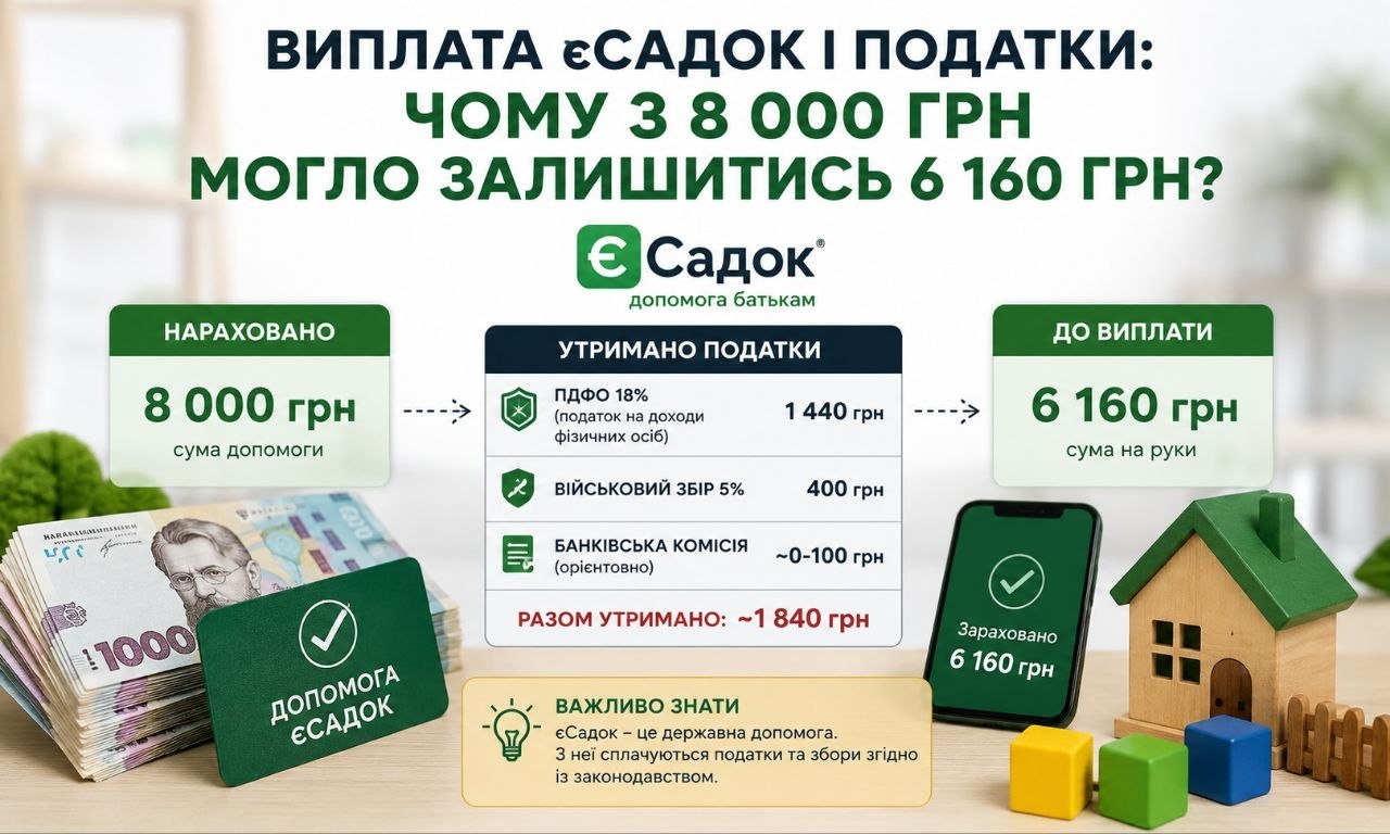 Інфографіка, що деталізує, як виплата єСадок у 8000 грн зменшується до 6160 грн після утримання податків (ПДФО, військовий збір) та банківської комісії.