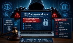 Зображення хакера, який тягнеться до ноутбука з написом "Електронний суд", що попереджає про кримінальну відповідальність за втручання у справу, з книгою законів та молотком.