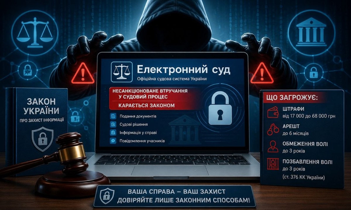 Зображення хакера, який тягнеться до ноутбука з написом "Електронний суд", що попереджає про кримінальну відповідальність за втручання у справу, з книгою законів та молотком.