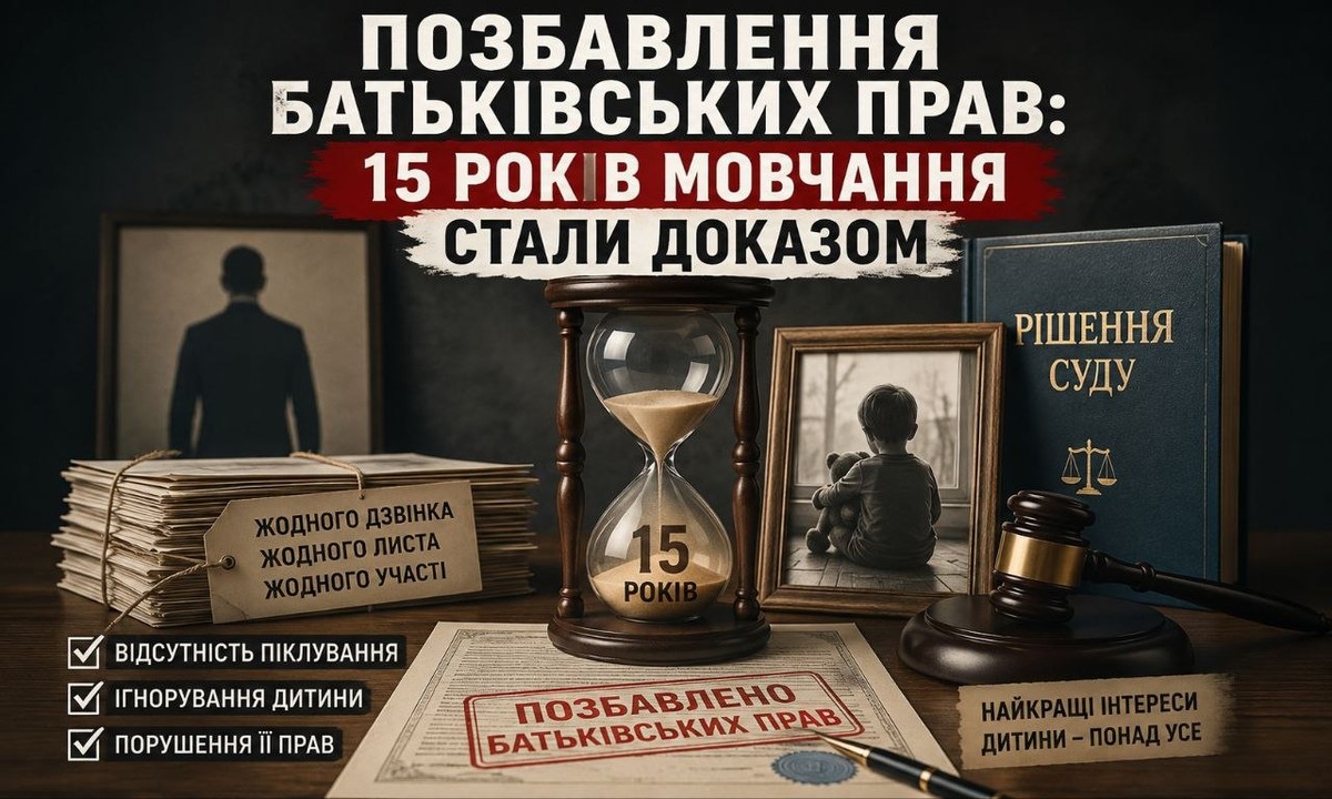 Позбавлення батьківських прав: на столі пісочний годинник з 15 роками, книга "Рішення суду", молоток судді, фото самотньої дитини та силуету батька, що символізує 15 років мовчання.