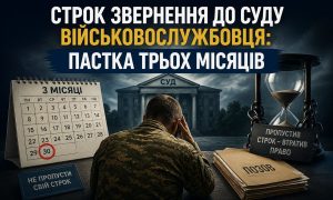 Стурбований військовослужбовець біля календаря з позначкою "3 місяці" та позовом, що символізує строк звернення до суду військовослужбовця та пастку пропущеного терміну.