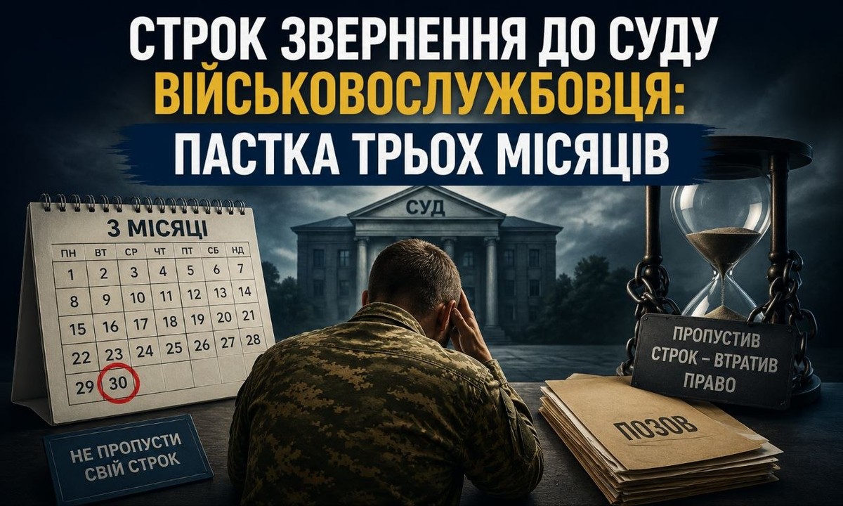 Стурбований військовослужбовець біля календаря з позначкою "3 місяці" та позовом, що символізує строк звернення до суду військовослужбовця та пастку пропущеного терміну.