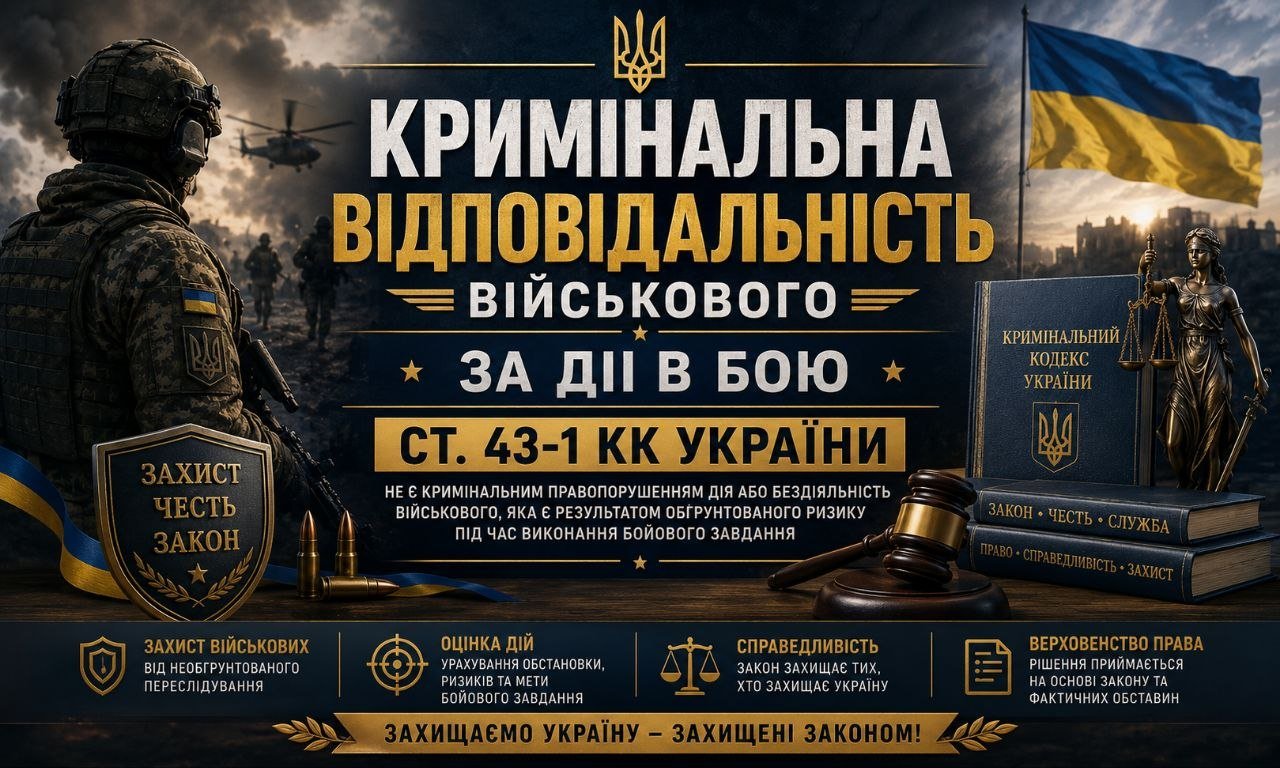 Кримінальна відповідальність військового за дії в бою: зображення солдата, українського прапора, Феміди, кодексу та тексту ст. 43-1 КК України.