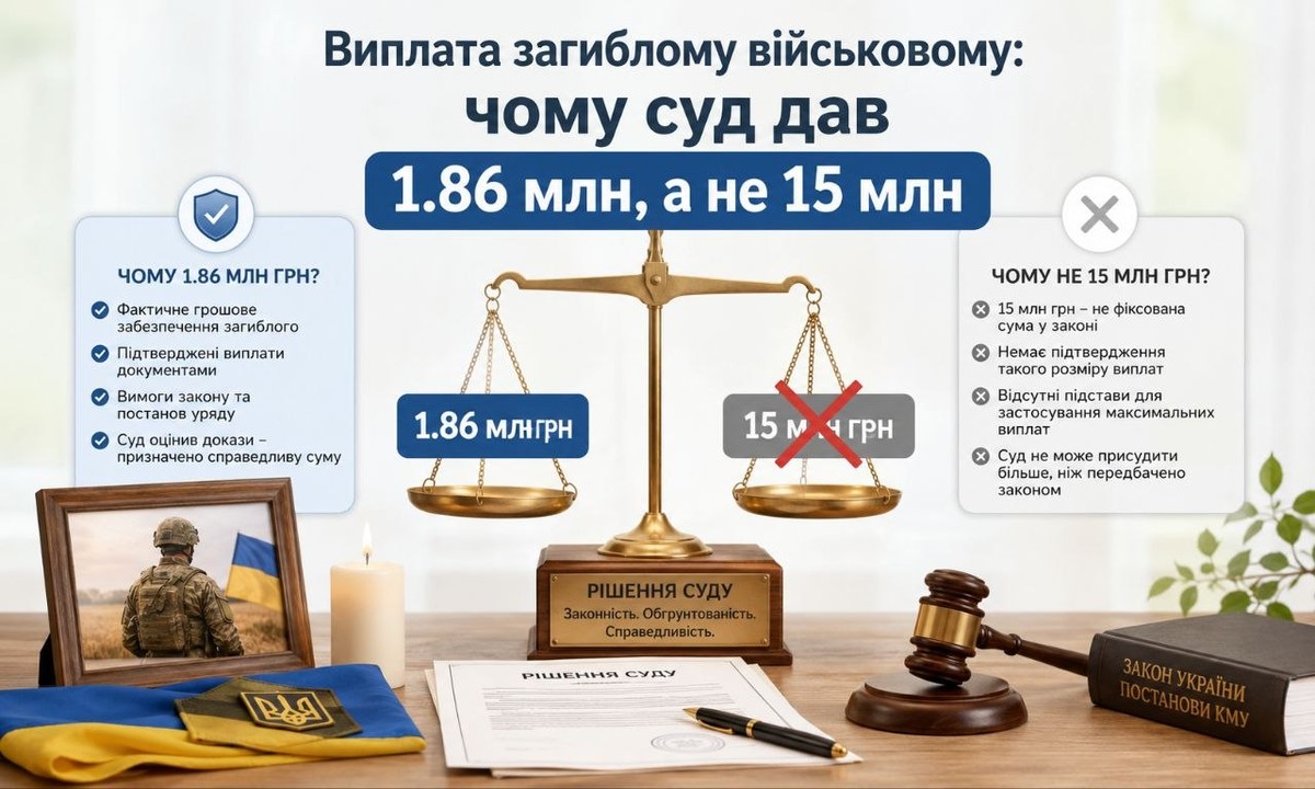 Виплата загиблому військовому: інфографіка порівнює 1.86 млн грн та 15 млн грн, пояснюючи рішення суду, з фото військового, терезами правосуддя та судовими атрибутами.