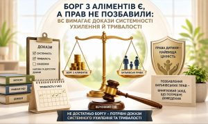 Ваги з боргом по аліментах та батьківськими правами, молоток суду та документи, що ілюструють позбавлення батьківських прав.