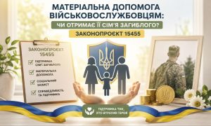 Зображення законопроекту 15455 про матеріальну допомогу сім'ї загиблого військовослужбовця, з символами родини, українським прапором та фото солдата.
