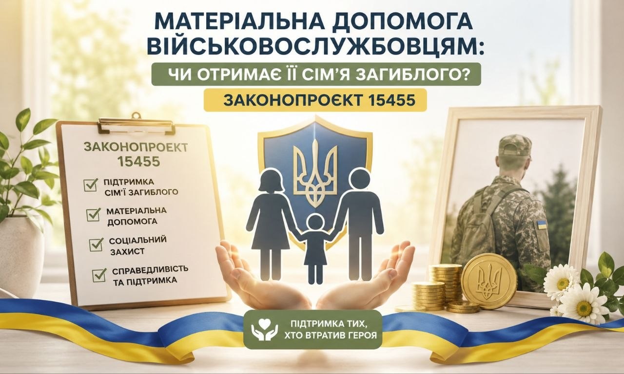 Зображення законопроекту 15455 про матеріальну допомогу сім'ї загиблого військовослужбовця, з символами родини, українським прапором та фото солдата.