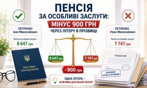 Пенсія за особливі заслуги: візуалізація втрати 900 грн через одну літеру в прізвищі, з вагами, пенсійним посвідченням та рішенням суду.