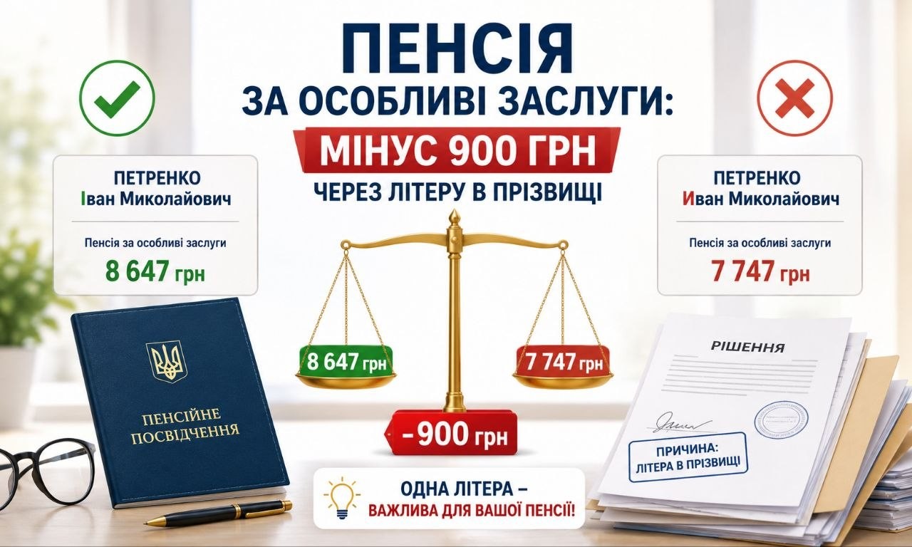 Пенсія за особливі заслуги: візуалізація втрати 900 грн через одну літеру в прізвищі, з вагами, пенсійним посвідченням та рішенням суду.