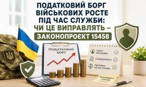 Зображення показує зростаючий податковий борг військових під час служби: графік з монетами, калькулятор, прапор України та нагадування про законопроєкт 15458.