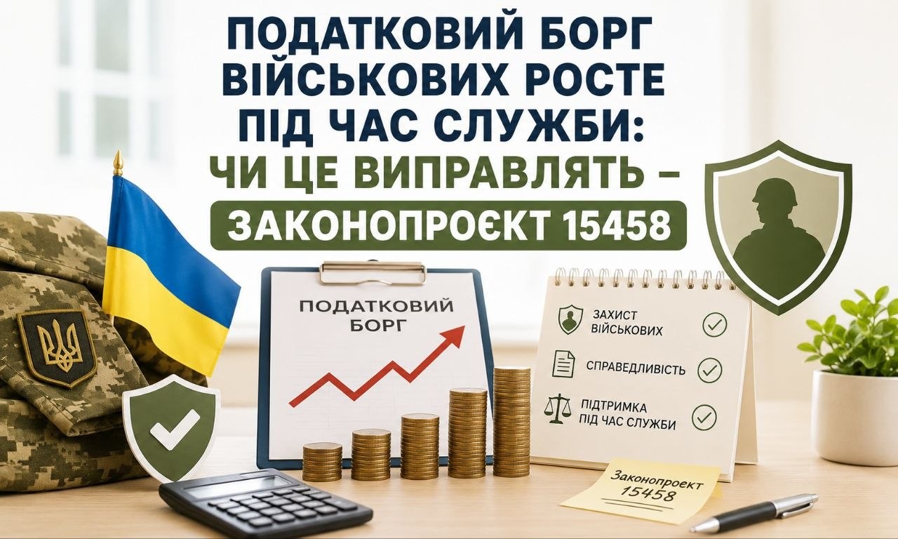 Зображення показує зростаючий податковий борг військових під час служби: графік з монетами, калькулятор, прапор України та нагадування про законопроєкт 15458.