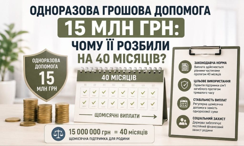 Одноразова грошова допомога 15 млн грн, розбита на 40 місяців, зображена монетами, календарем та поясненнями причин такого розподілу.
