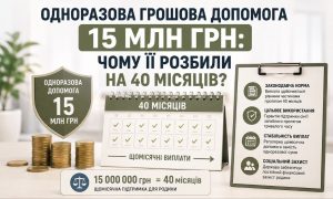 Одноразова грошова допомога 15 млн грн, розбита на 40 місяців, зображена монетами, календарем та поясненнями причин такого розподілу.