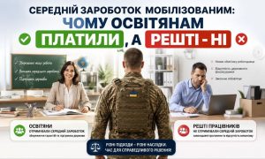 Солдат стоїть між усміхненою жінкою-освітянкою та засмученим чоловіком, ілюструючи різницю у виплатах середній заробіток мобілізованим. Текст пояснює, чому освітянам платили, а решті — ні.