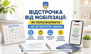 Інфографіка "Відстрочка від мобілізації: як переоформити і не втратити чинну" з календарем, військовим квитком та додатком Резерв+.