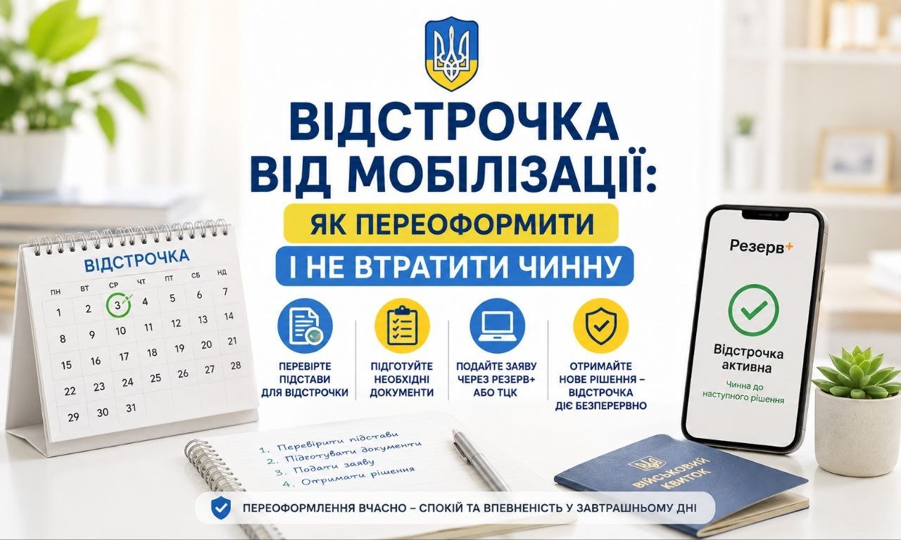 Інфографіка "Відстрочка від мобілізації: як переоформити і не втратити чинну" з календарем, військовим квитком та додатком Резерв+.