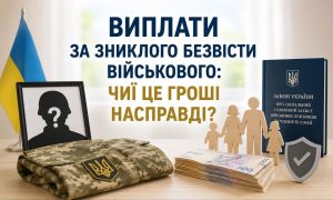Український прапор, військова форма, гроші, родина та закон про соціальний захист, що символізують виплати за зниклого безвісти військового та їхній правовий статус.