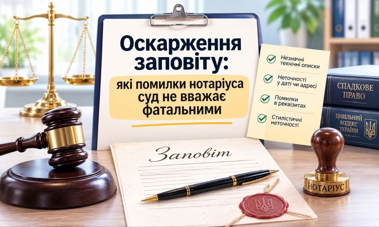 Оскарження заповіту: на зображенні судова атрибутика, нотаріальна печатка та документ з переліком помилок нотаріуса, які суд не вважає фатальними для заповіту.