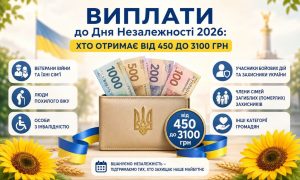 Зображення з гаманцем, гривнями, українським прапором, соняшниками та переліком категорій, що отримають виплати до Дня Незалежності 2026 від 450 до 3100 грн.
