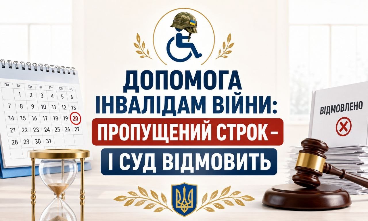 Календар, пісочний годинник, суддівський молоток, папери з відмовою і текст "допомога інвалідам війни: пропущений строк – і суд відмовить".